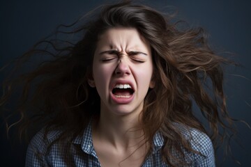 Angry young woman with windblown hair