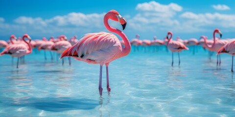 Vibrant flamingos in a tropical lagoon