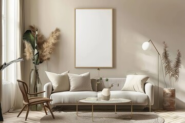 In a modern ScandiBoho living room, a Minimalist modern interior 3D Mockup frame is elegantly displayed, 3D render sharpen