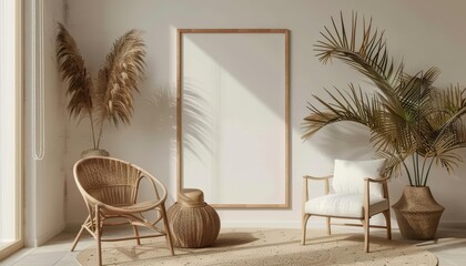 Fototapeta premium Modern ScandiBoho elements are perfectly framed by a Mockup poster frame, 3D render sharpen
