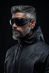 Fototapeta premium futuristic man in black jacket and goggles