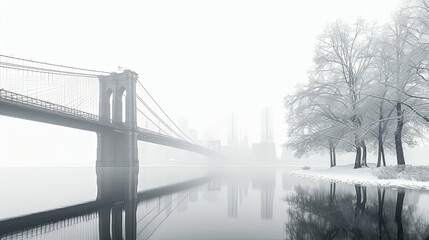 cities with magnificent bridges spanning over calm waters, framed by leafless trees and a white sky