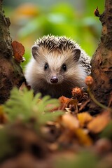Curious hedgehog peeking out from behind tree branches