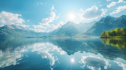 Serene mountain landscape reflects in the crystalclear lake below, offering a peaceful retreat, Sharpen banner template with copy space on center