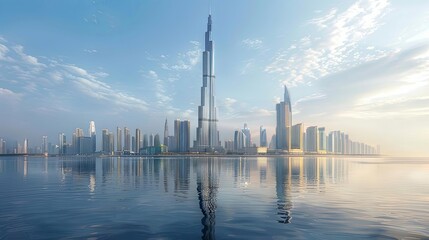 cities with world's tallest skyscrapers reflected in calm blue waters under a clear blue sky