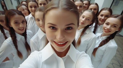 Fototapeta premium group of smiling young women in white shirts
