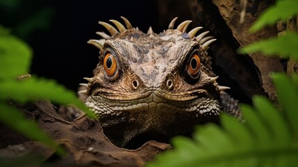 Fototapeta premium Curious horned lizard in the forest