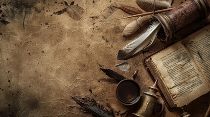 The Creative Banner of vintage literature displays an open, aged book surrounded by classic quills and ink pots, presented on a warm sepia background with large copy space for text - Powered by Adobe