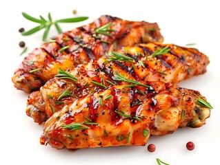 Grilled chicken pieces, isolated, white background, rosemary, seasoning, tasty
