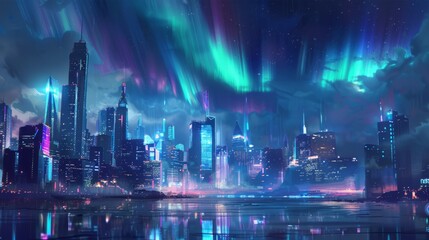A futuristic city basks under the glow of auroras