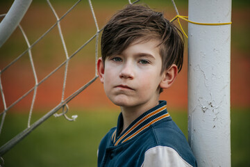 boy is standing in the gate. A young football player is waiting for the ball