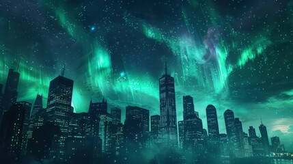 A futuristic cityscape bathed in the glow of Aurora Borealis