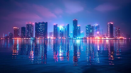 cityscapes with glowing night lights reflected on calm blue waters, framed by towering buildings and a clear blue sky