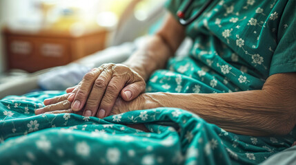 Hands of an elderly woman in bed in a hospital, a woman in a dress with a floral pattern.