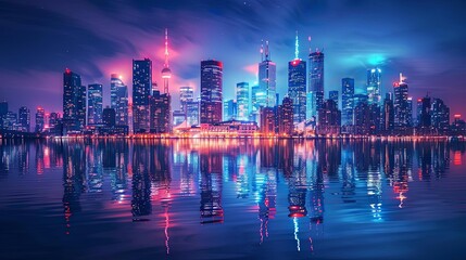 cityscapes with glowing night lights reflected on calm waters under a blue sky