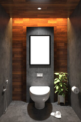 3d rendering illustration of interior toilet minimalist style with frame mock up. Cement tile wall finish, Cement tile floor finish and white ceiling. Set 1