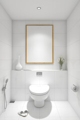 3d rendering illustration of interior toilet minimalist style with frame mock up. Ceramic tile white wall finish, Ceramic tile floor finish and white ceiling. Set 2