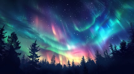 Aurora borealis dances above a silent forest