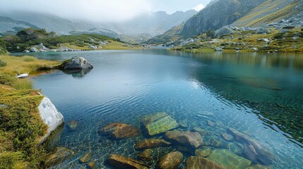 crystal clear mountain lakes surrounded by lush green grass and rocky terrain under a clear blue sky - Powered by Adobe