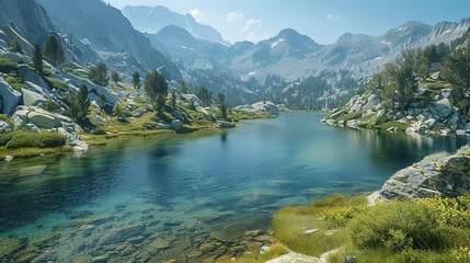 crystal clear mountain lakes surrounded by lush green trees under a clear blue sky with a single white cloud
