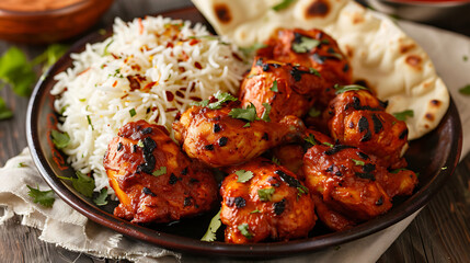 Serving of tandoori chicken with white rice. Indian food, Indian cuisine background