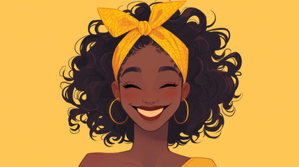 A woman with a yellow headband is smiling
