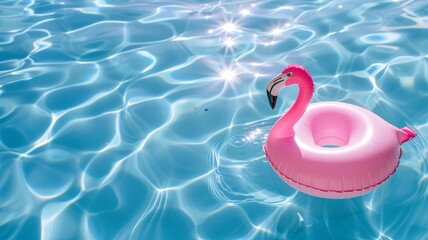 water level view of shadow on pool water surface with a inflatable pink flamingo floating in the water. Beautiful abstract background concept banner.