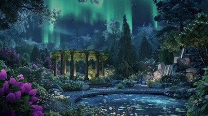 Enchanted garden under a shimmering aurora
