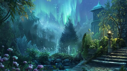 Enchanted garden under the aurora s glow