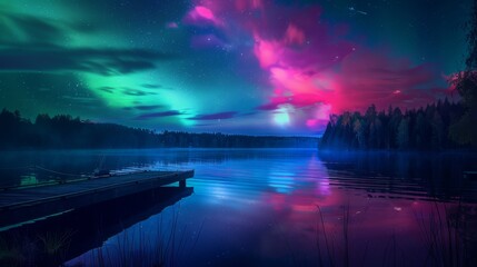Enchanted night sky aglow with auroras over a serene lakeside