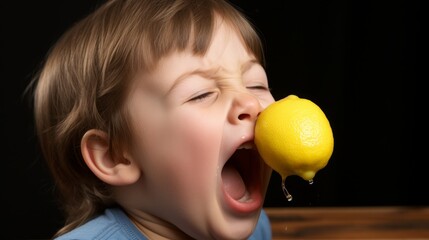 young child making a sour face while biting into a lemon