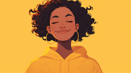 A woman with curly hair is smiling and wearing a yellow hoodie