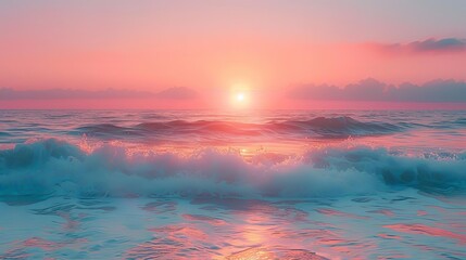 dreamy coastal sunrises illuminate a serene blue ocean, framed by a pink sky and fluffy white clouds, with gentle waves crashing in the distance