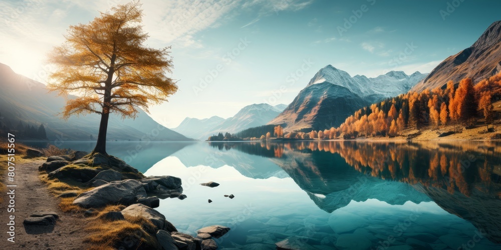 Poster Serene mountain lake with autumn foliage