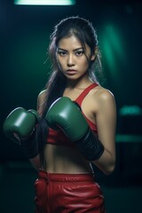 Determined female boxer with intense expression