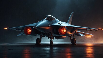 On the airport floor at night, a fighter plane with its engines running at full power, preparing to...