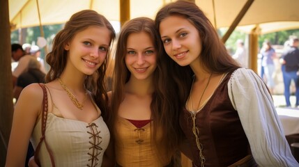 Obraz premium Three young women in medieval-style clothing posing together