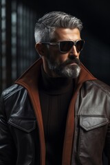 Obraz premium Stylish man with beard wearing sunglasses and leather jacket