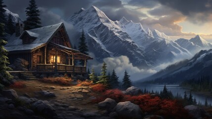Cozy mountain cabin overlooking snowy peaks