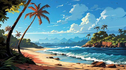 tropical beach landscape with palm trees and waves