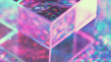 Blurred prism. Colorful lights. Rainbow neon square glass filled pink yellow green blue bokeh beams...