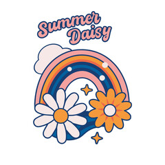 retro summer sticker,  daisy  and rainbow with flowers, vector