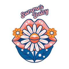 retro summer sticker- daisy and lips with flowers, vector