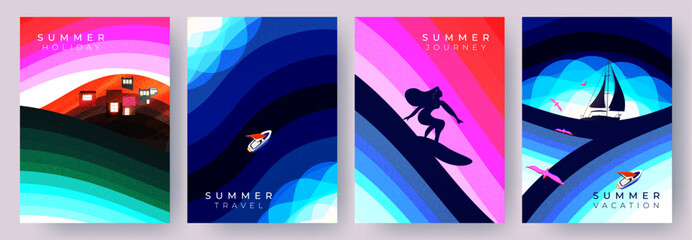 Abstract minimal summer poster, holiday cover, card set. Summer design with landscape, waves, yacht in the sea, surf, town house and typography. Summer holidays, vacation, travel vector illustration.