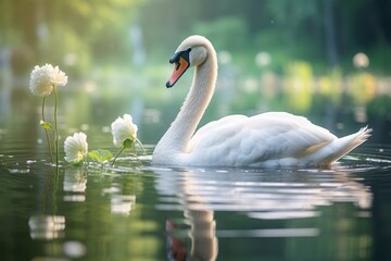 Obraz premium Graceful swan swimming in tranquil pond