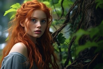 Mysterious redhead in forest