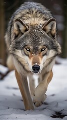 Naklejka premium Captivating close-up of a majestic wolf in the snow
