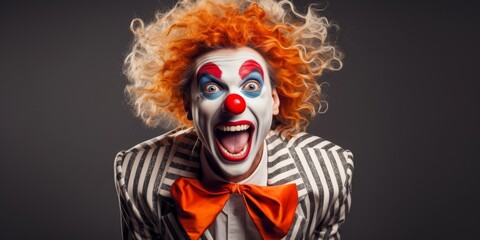 Creepy clown with wild orange hair and exaggerated makeup
