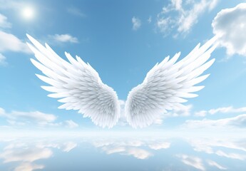 Fototapeta premium Angelic white wings against a blue sky with clouds