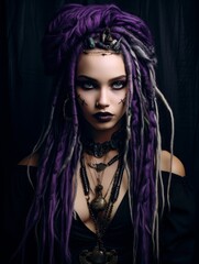 Mysterious goth woman with purple dreadlocks and dark makeup
